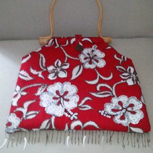 Sahaja floral sequin red and white fringed bag NWOT